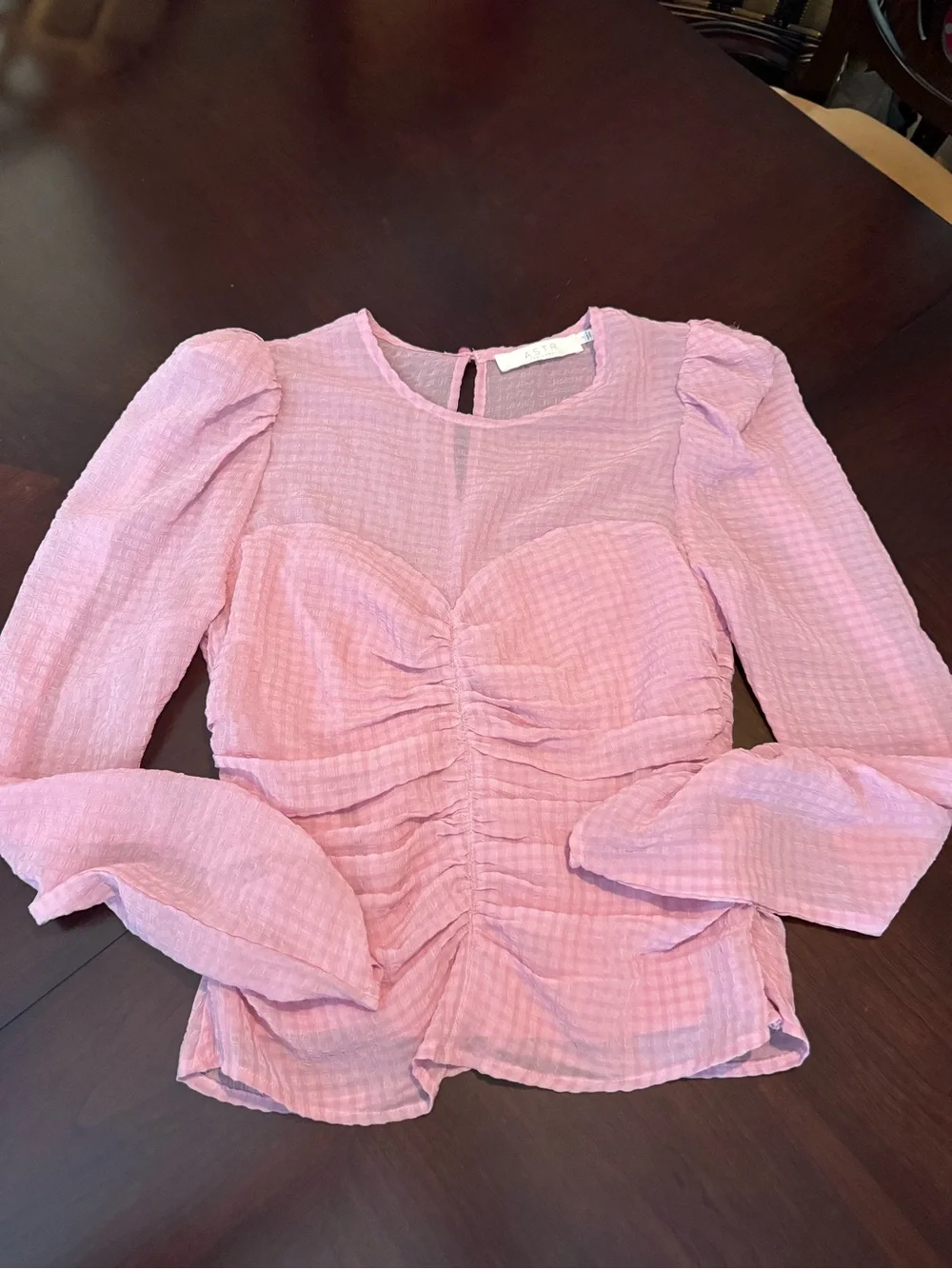 Astr Pink Ruched Peplum Long-Sleeve Blouse